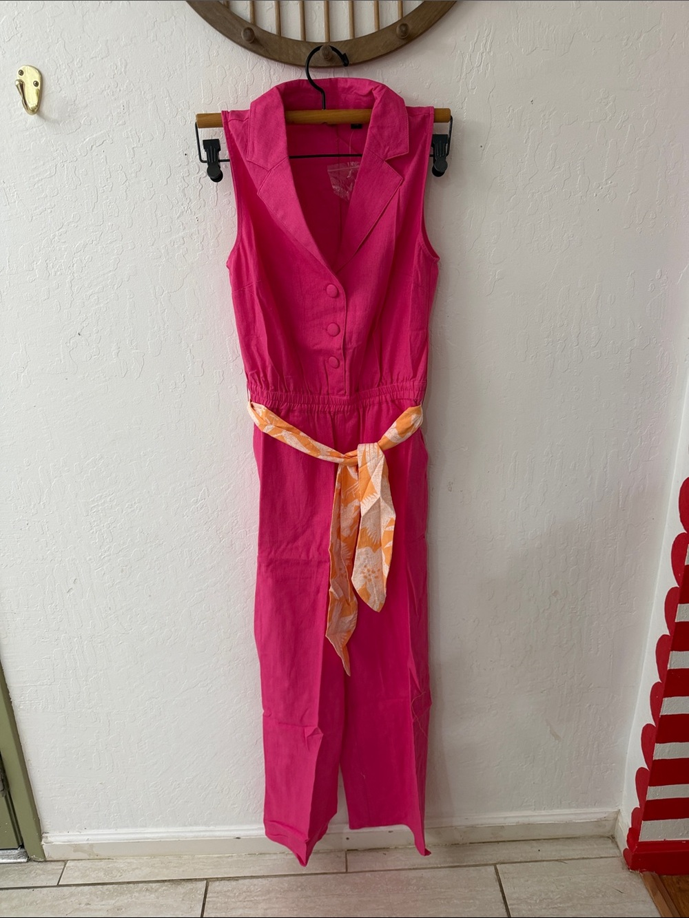G By Giuliana Hot Pink XSP Jumpsuit Collar Button Front Orange Waist Tie